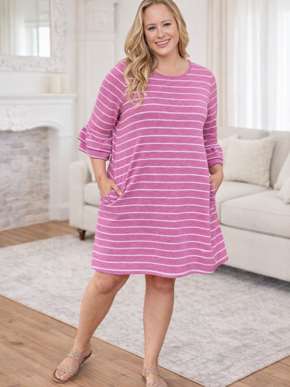 B14 Sunset Breeze Striped Knit Dress Pockets Magenta Pink NEW
